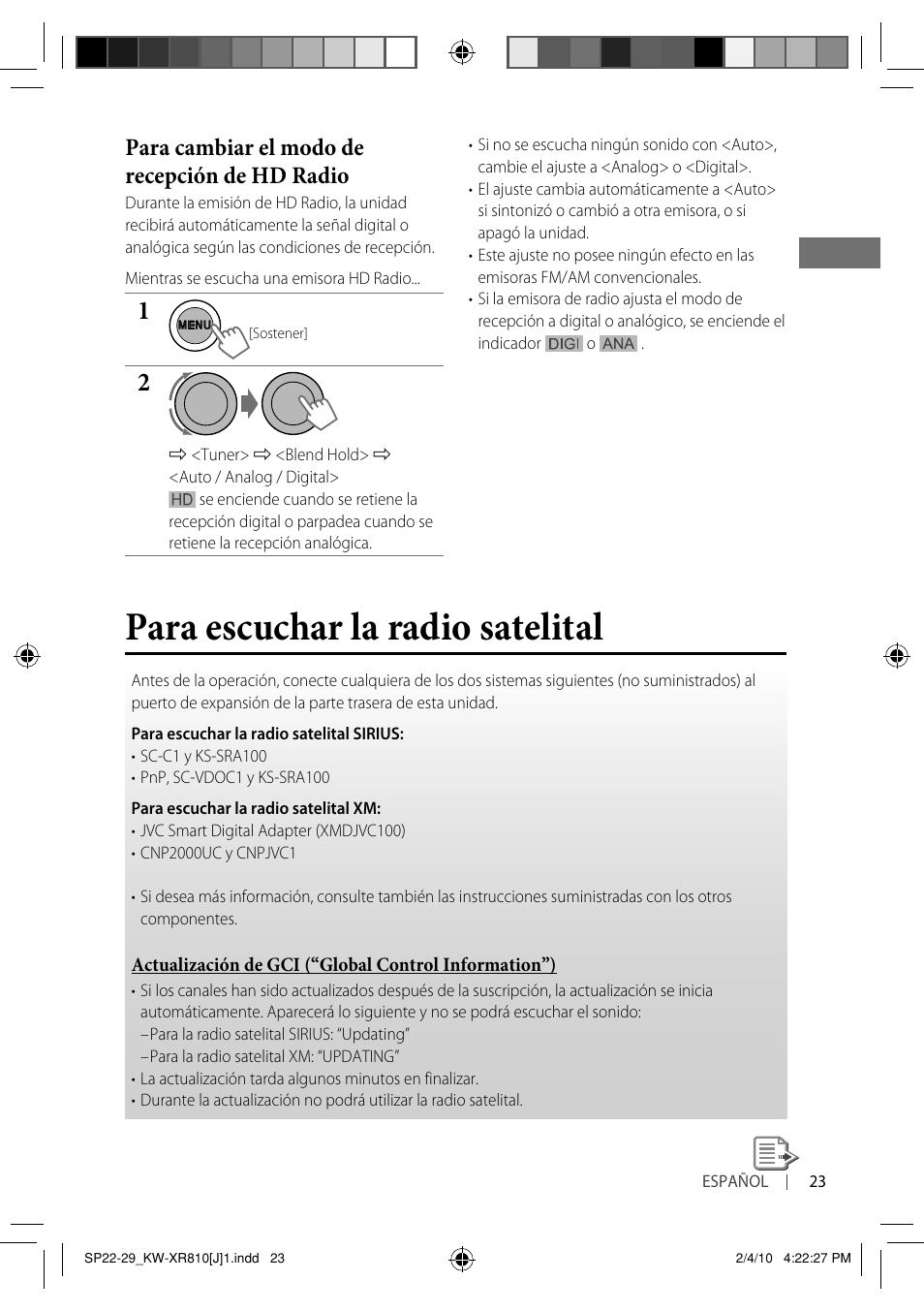 Para escuchar la radio satelital, Para cambiar el modo de recepción de hd radio | JVC GET0661-001A User Manual | Page 73 / 151