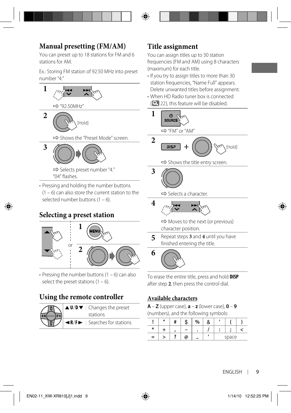 Manual presetting (fm/am), Selecting a preset station, Using the remote controller | Title assignment | JVC GET0661-001A User Manual | Page 9 / 151