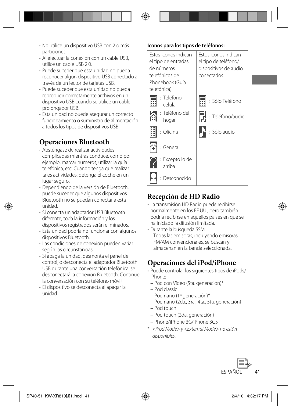 Recepción de hd radio, Operaciones del ipod/iphone, Operaciones bluetooth | JVC GET0661-001A User Manual | Page 91 / 151