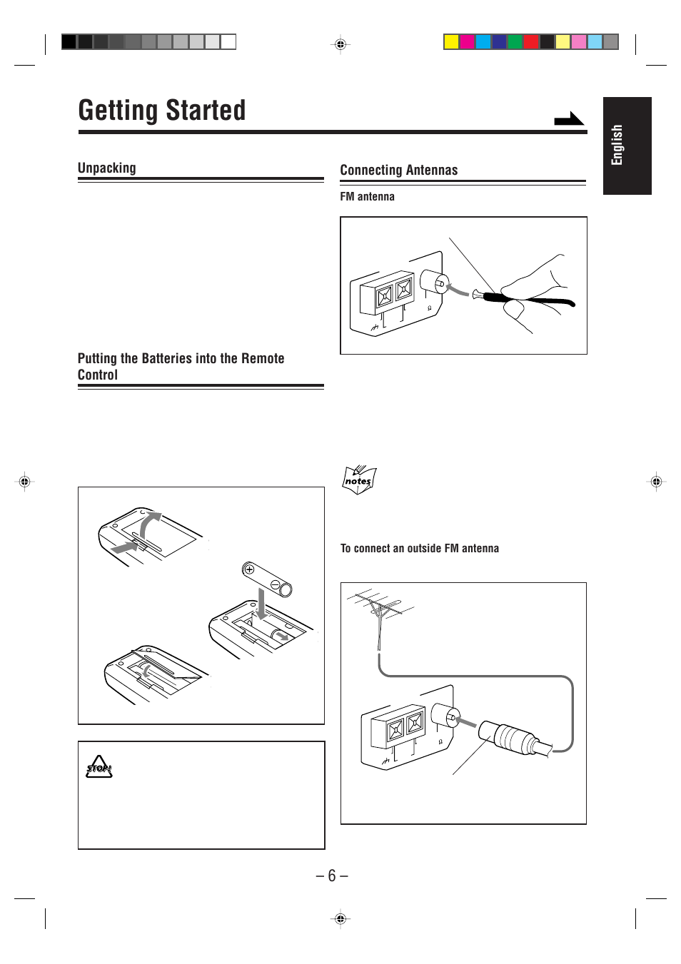 Getting started, English, Unpacking | Putting the batteries into the remote control, Connecting antennas | JVC CA-MD70 User Manual | Page 12 / 54