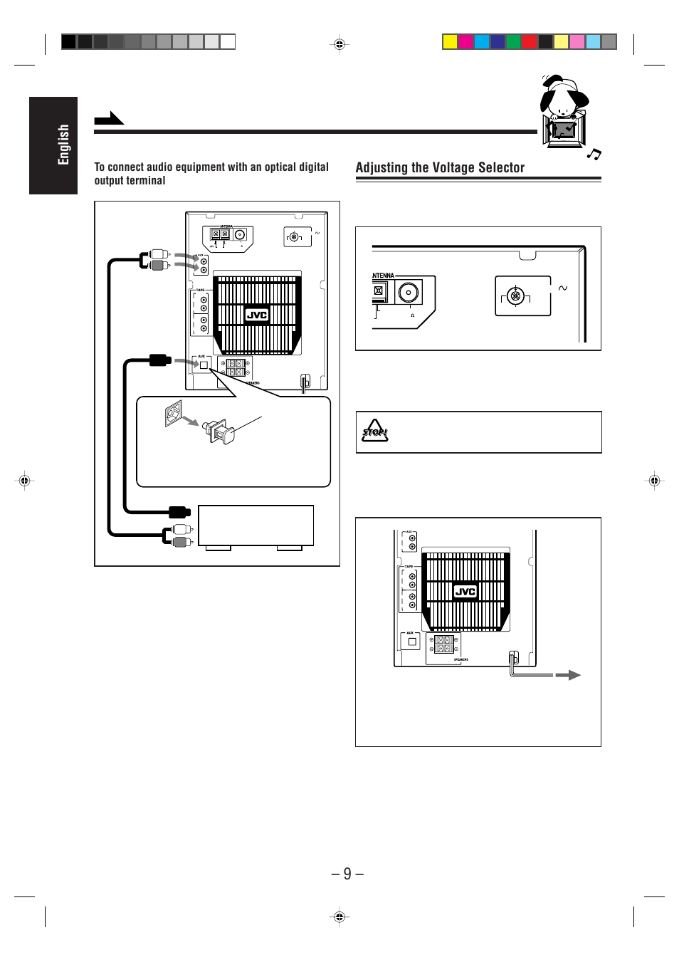 English, Adjusting the voltage selector, Audio equipment with an optical digital output | Continued | JVC CA-MD70 User Manual | Page 15 / 54