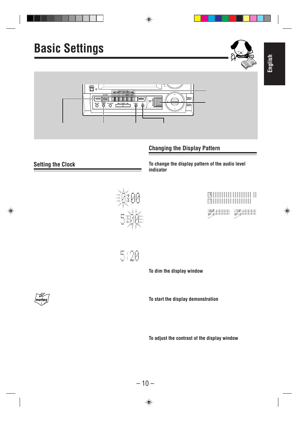 Basic settings, English, Setting the clock | Changing the display pattern | JVC CA-MD70 User Manual | Page 16 / 54