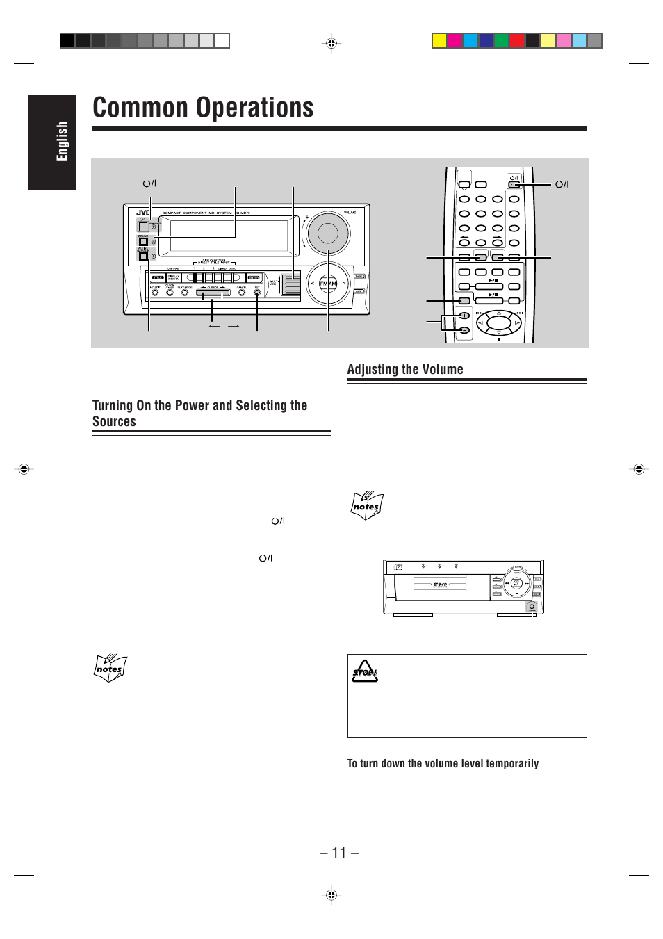 Common operations, English, Turning on the power and selecting the sources | Adjusting the volume, Remote control | JVC CA-MD70 User Manual | Page 17 / 54