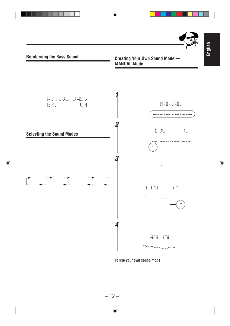 English creating your own sound mode — manual mode, Reinforcing the bass sound, Selecting the sound modes | JVC CA-MD70 User Manual | Page 18 / 54