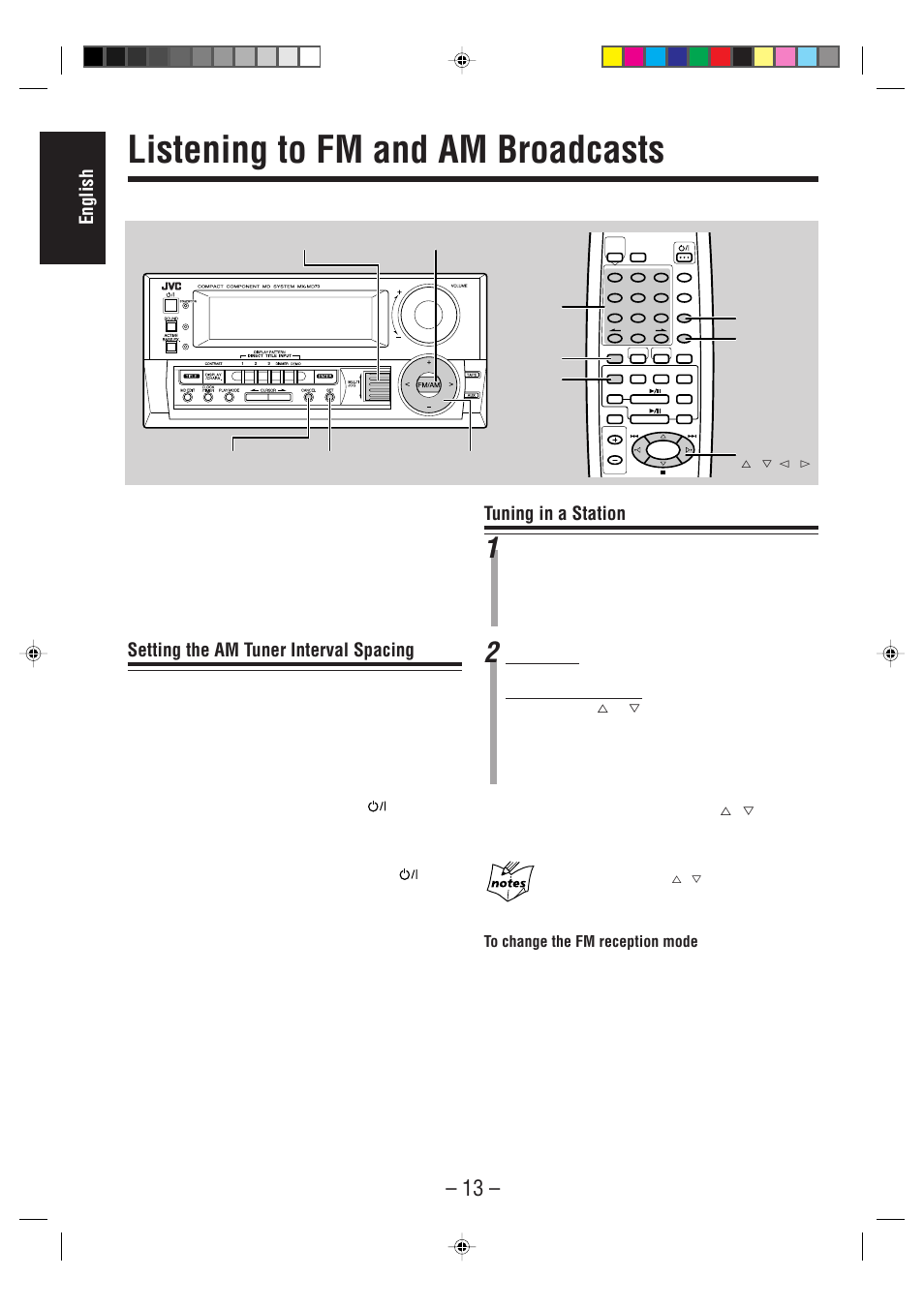 Listening to fm and am broadcasts, English, Setting the am tuner interval spacing | Tuning in a station | JVC CA-MD70 User Manual | Page 19 / 54