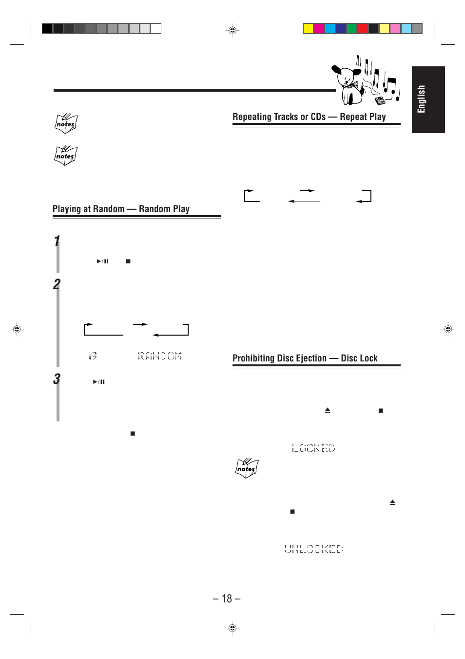 English, Repeating tracks or cds — repeat play, Prohibiting disc ejection — disc lock | Playing at random — random play | JVC CA-MD70 User Manual | Page 24 / 54