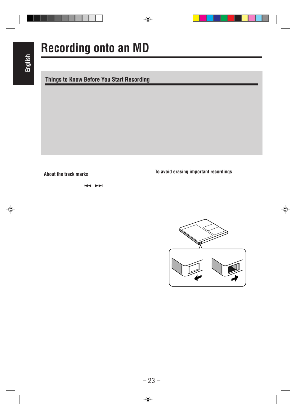Recording onto an md, English, Things to know before you start recording | JVC CA-MD70 User Manual | Page 29 / 54