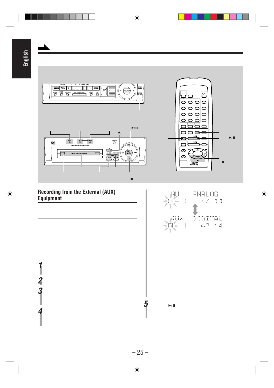 Insert a recordable md. the md in lamp lights, Press aux once, then start playing the source, Remote control md recorder | Amplifier/tuner | JVC CA-MD70 User Manual | Page 31 / 54