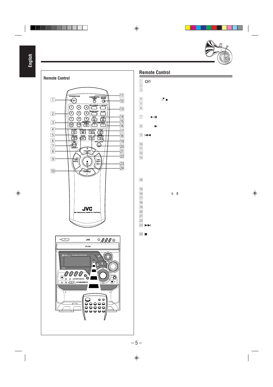 English, 7i o ; a s d f, Py e r | Remote control, Standby/on standby, Standby, Compact digital audio | JVC CA-MXG68V User Manual | Page 10 / 40