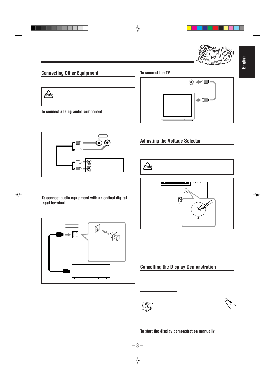 Cancelling the display demonstration, Connecting other equipment, Adjusting the voltage selector | English, On the unit only | JVC CA-MXG68V User Manual | Page 13 / 40