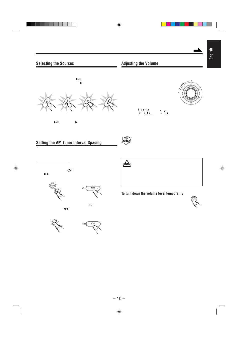 Adjusting the volume, Selecting the sources, Setting the am tuner interval spacing | JVC CA-MXG68V User Manual | Page 15 / 40