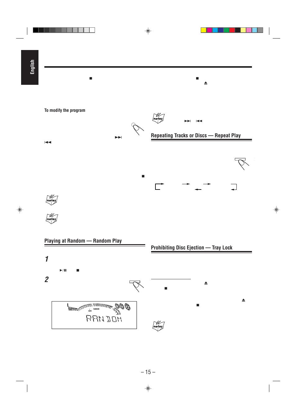 Repeating tracks or discs — repeat play, Prohibiting disc ejection — tray lock, Playing at random — random play | JVC CA-MXG68V User Manual | Page 20 / 40