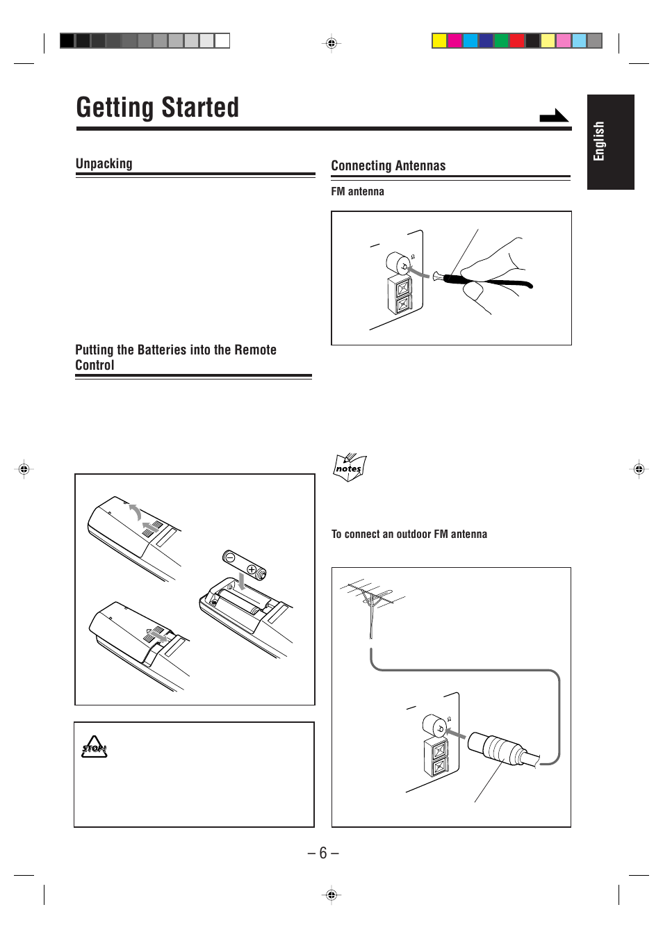 Getting started, English, Unpacking | Putting the batteries into the remote control, Connecting antennas | JVC CA-WMD90R User Manual | Page 11 / 64