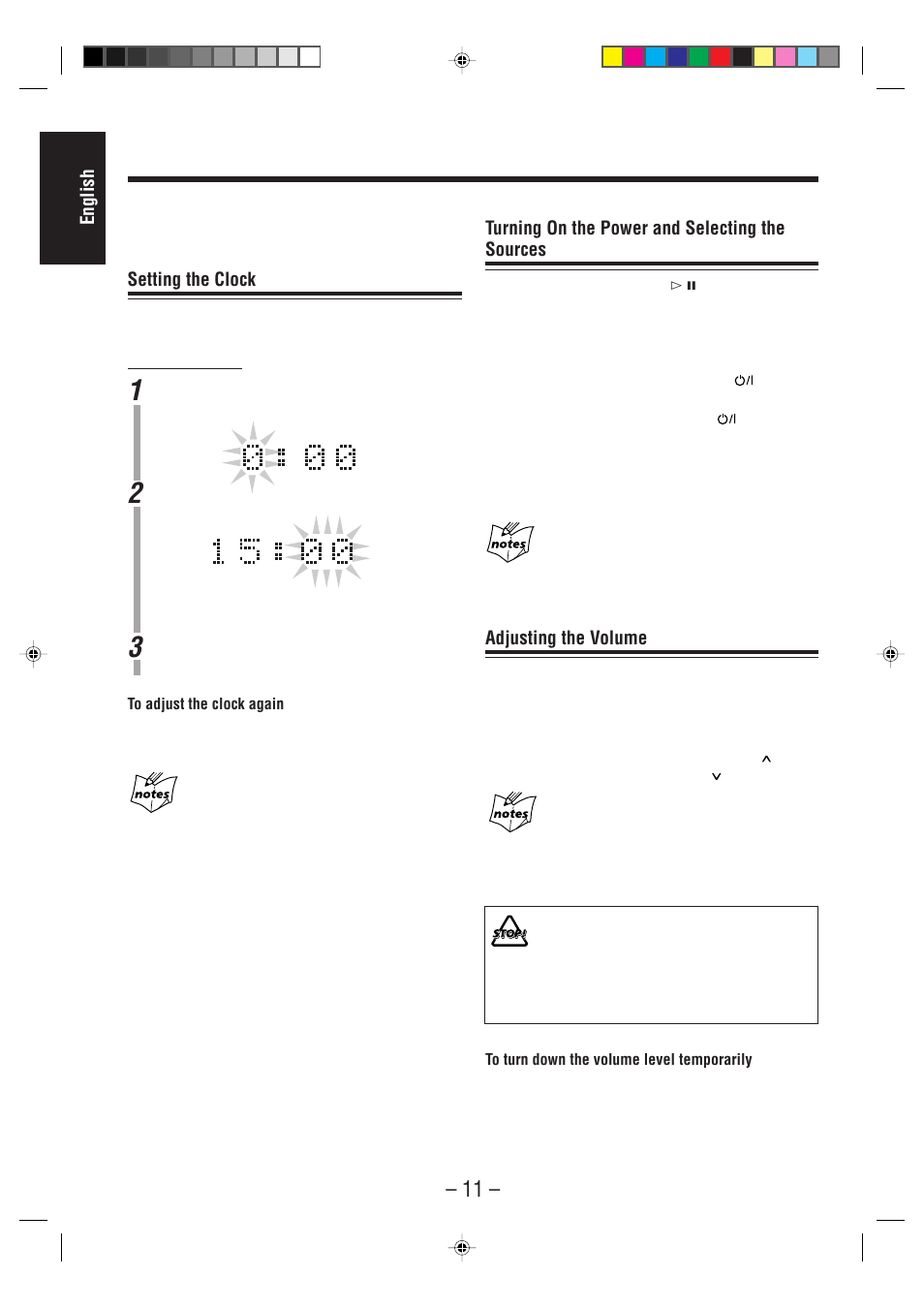 English, Setting the clock, Turning on the power and selecting the sources | Adjusting the volume | JVC CA-WMD90R User Manual | Page 16 / 64