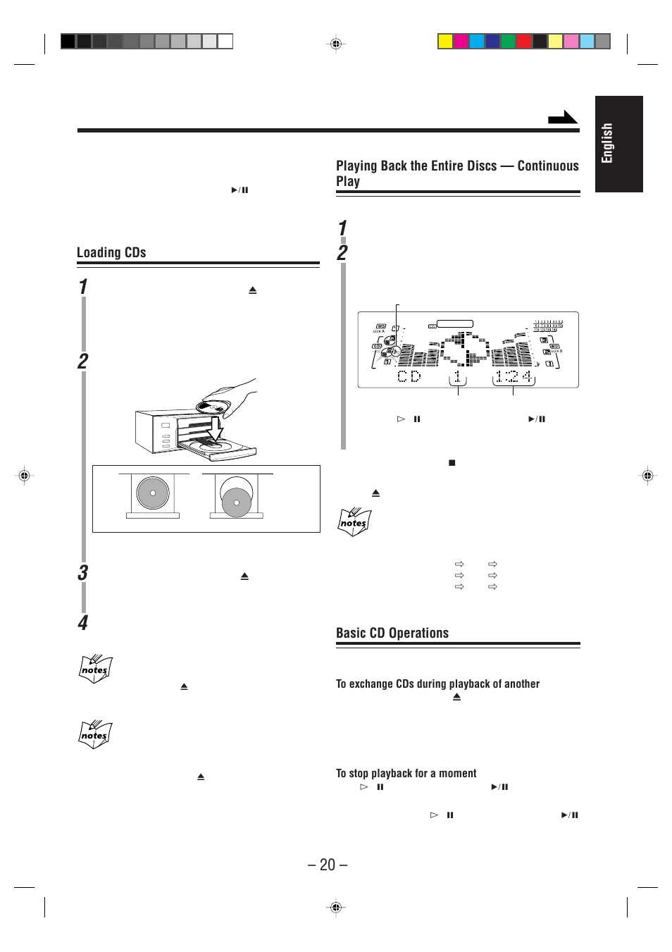 English, Loading cds, Playing back the entire discs — continuous play | Basic cd operations | JVC CA-WMD90R User Manual | Page 25 / 64