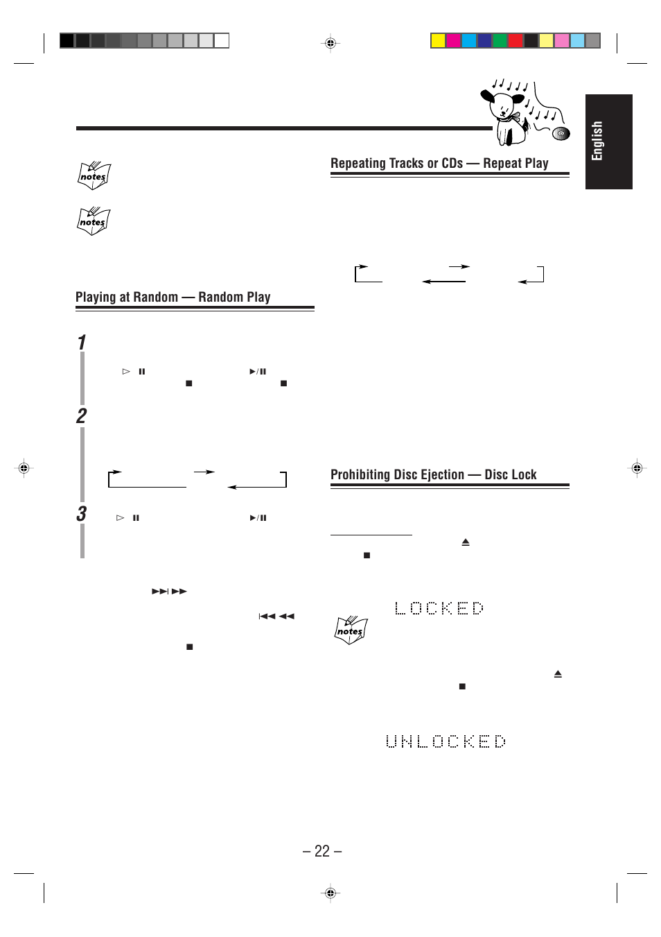 English, Playing at random — random play, Repeating tracks or cds — repeat play | Prohibiting disc ejection — disc lock | JVC CA-WMD90R User Manual | Page 27 / 64