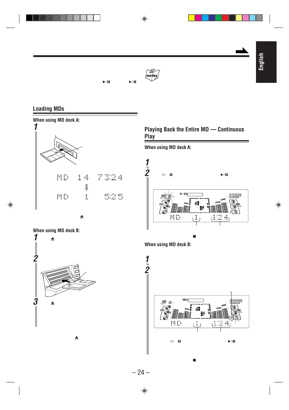 English, Loading mds, Playing back the entire md — continuous play | JVC CA-WMD90R User Manual | Page 29 / 64