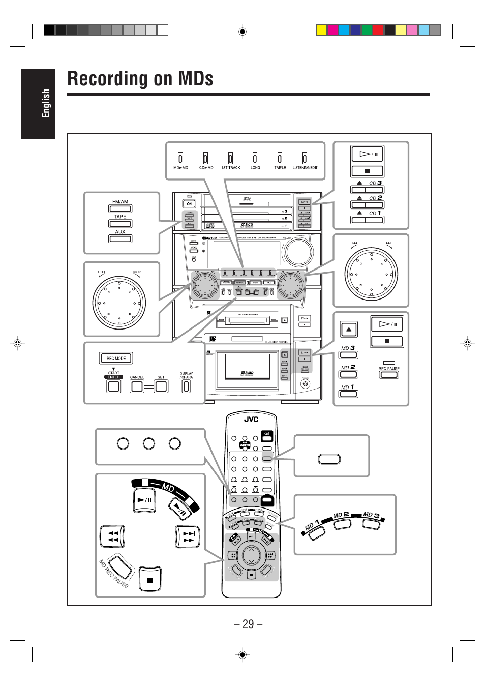 Recording on mds, English, Ba fm/am tape aux | JVC CA-WMD90R User Manual | Page 34 / 64