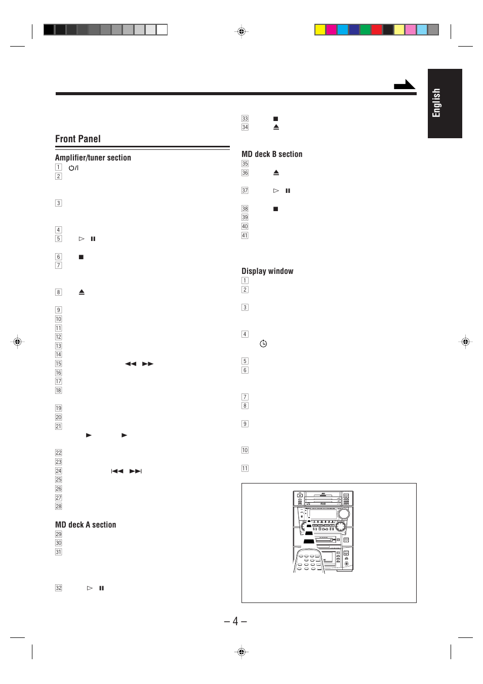English, Front panel | JVC CA-WMD90R User Manual | Page 9 / 64
