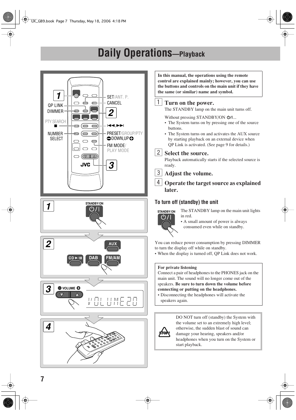 Daily operations, Playback | JVC Micro Component System UX-GB9DAB User Manual | Page 10 / 28