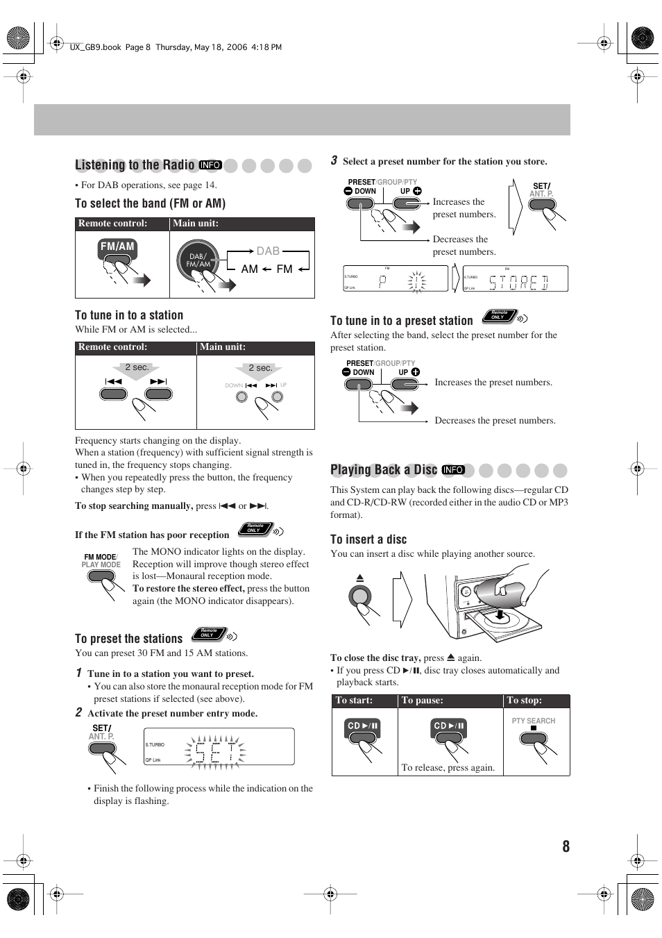 Listening to the radio, Playing back a disc | JVC Micro Component System UX-GB9DAB User Manual | Page 11 / 28