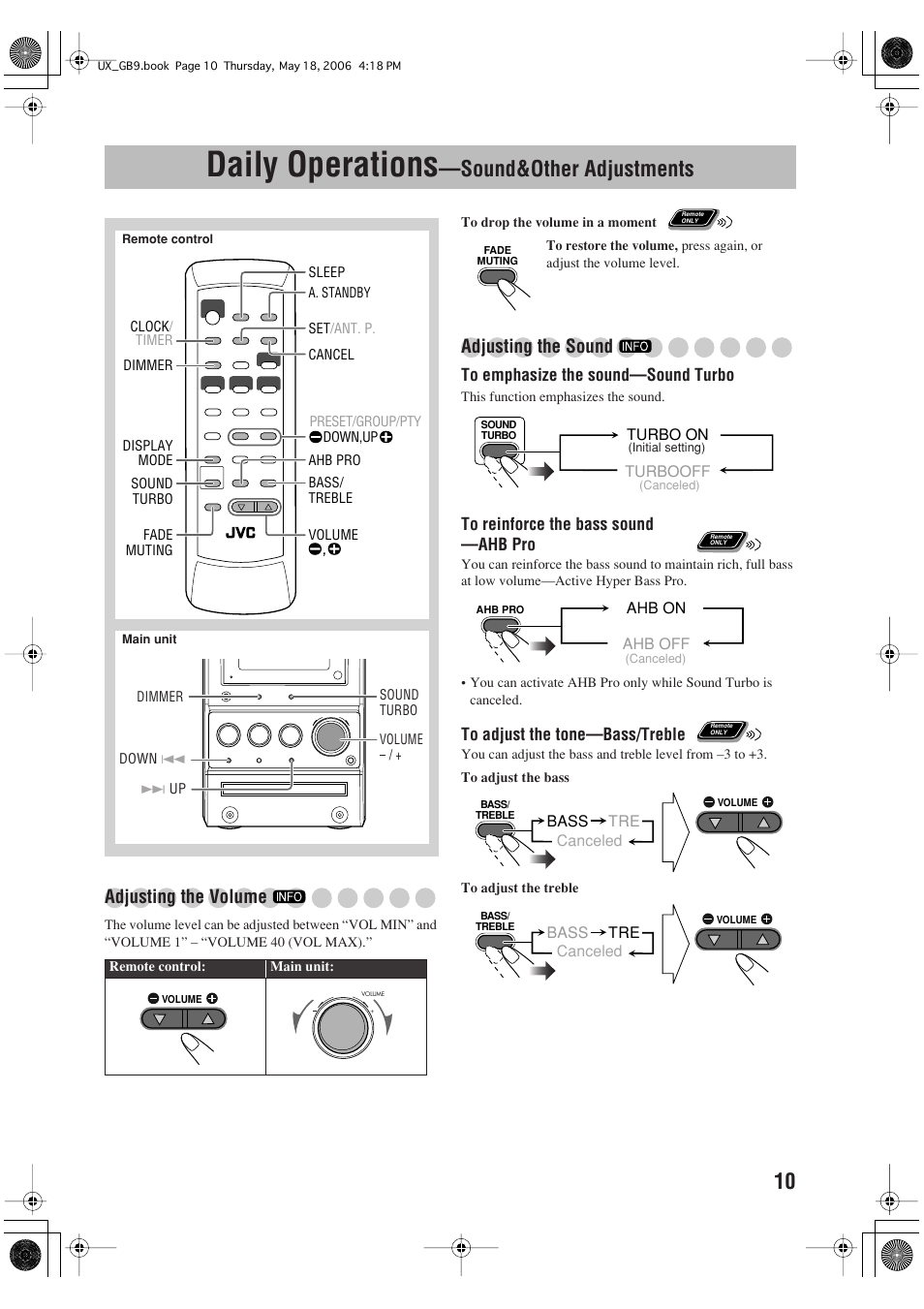 Daily operations, Sound&other adjustments, Adjusting the volume | Adjusting the sound | JVC Micro Component System UX-GB9DAB User Manual | Page 13 / 28