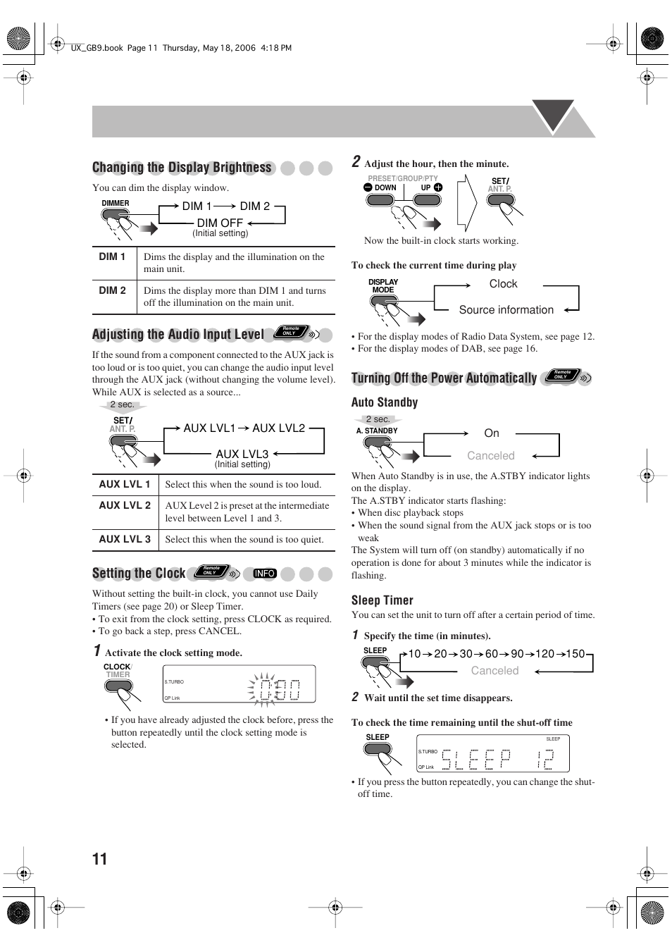 Changing the display brightness, Adjusting the audio input level, Setting the clock | Turning off the power automatically | JVC Micro Component System UX-GB9DAB User Manual | Page 14 / 28