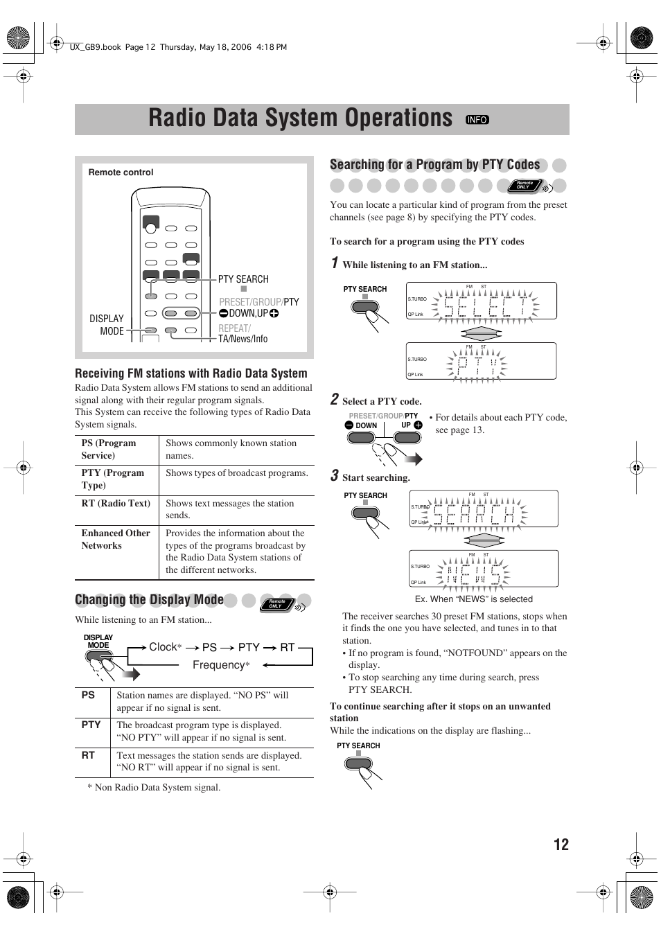 Radio data system operations, Changing the display mode, Searching for a program by pty codes | JVC Micro Component System UX-GB9DAB User Manual | Page 15 / 28