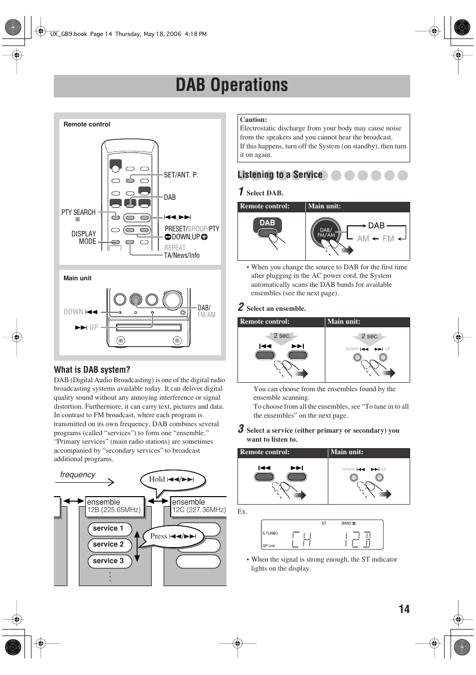 Dab operations, Listening to a service | JVC Micro Component System UX-GB9DAB User Manual | Page 17 / 28