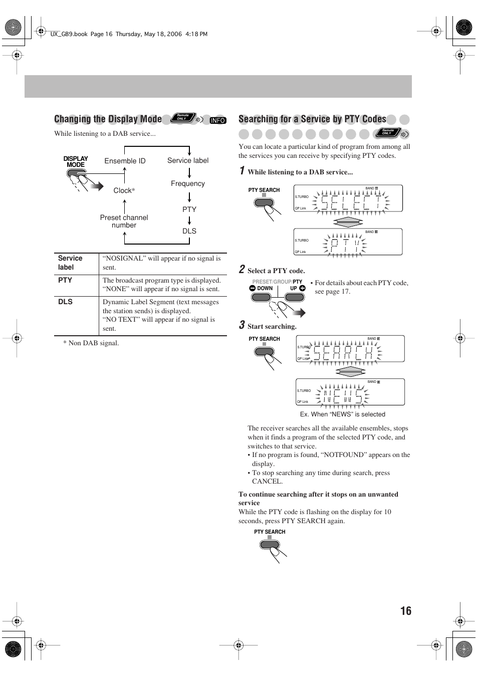 Changing the display mode, Searching for a service by pty codes | JVC Micro Component System UX-GB9DAB User Manual | Page 19 / 28