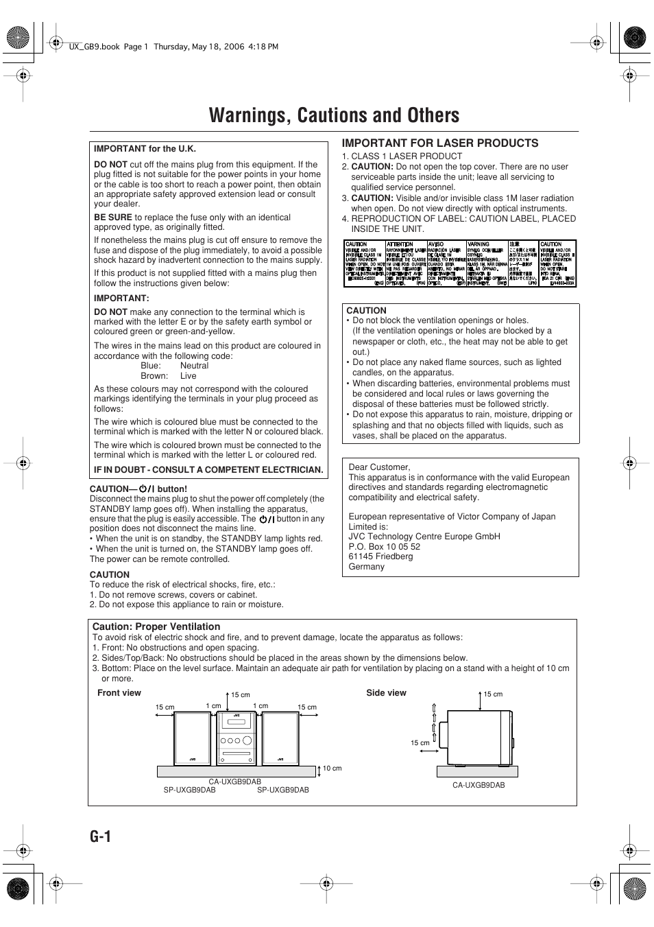 Warnings, cautions and others, Important for laser products | JVC Micro Component System UX-GB9DAB User Manual | Page 2 / 28