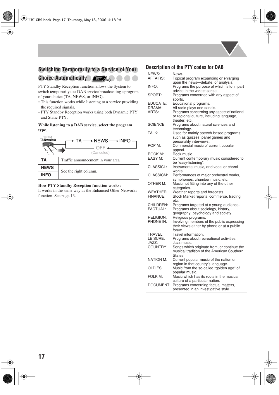 Description of the pty codes for dab | JVC Micro Component System UX-GB9DAB User Manual | Page 20 / 28