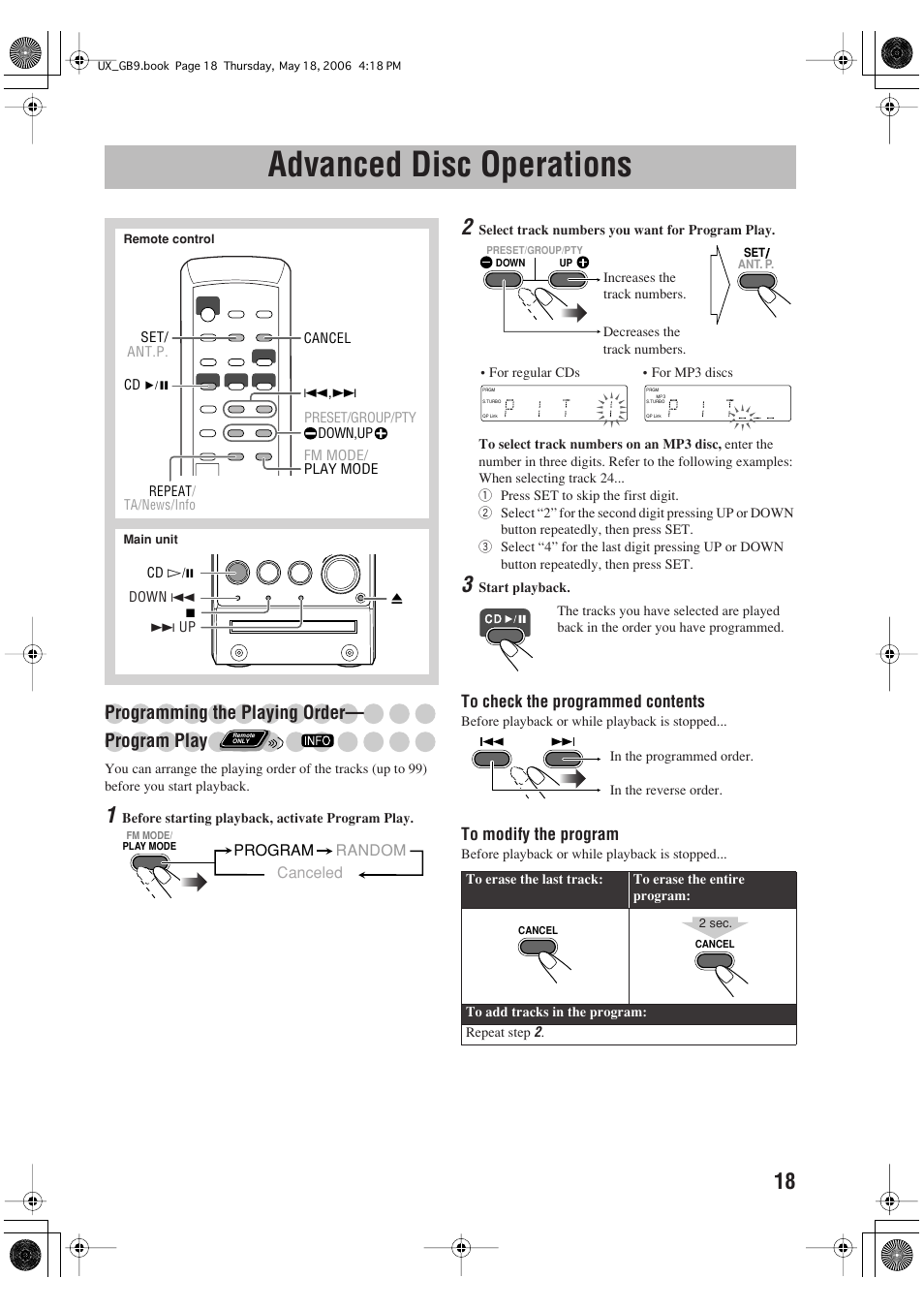 Advanced disc operations, Programming the playing order— program play | JVC Micro Component System UX-GB9DAB User Manual | Page 21 / 28