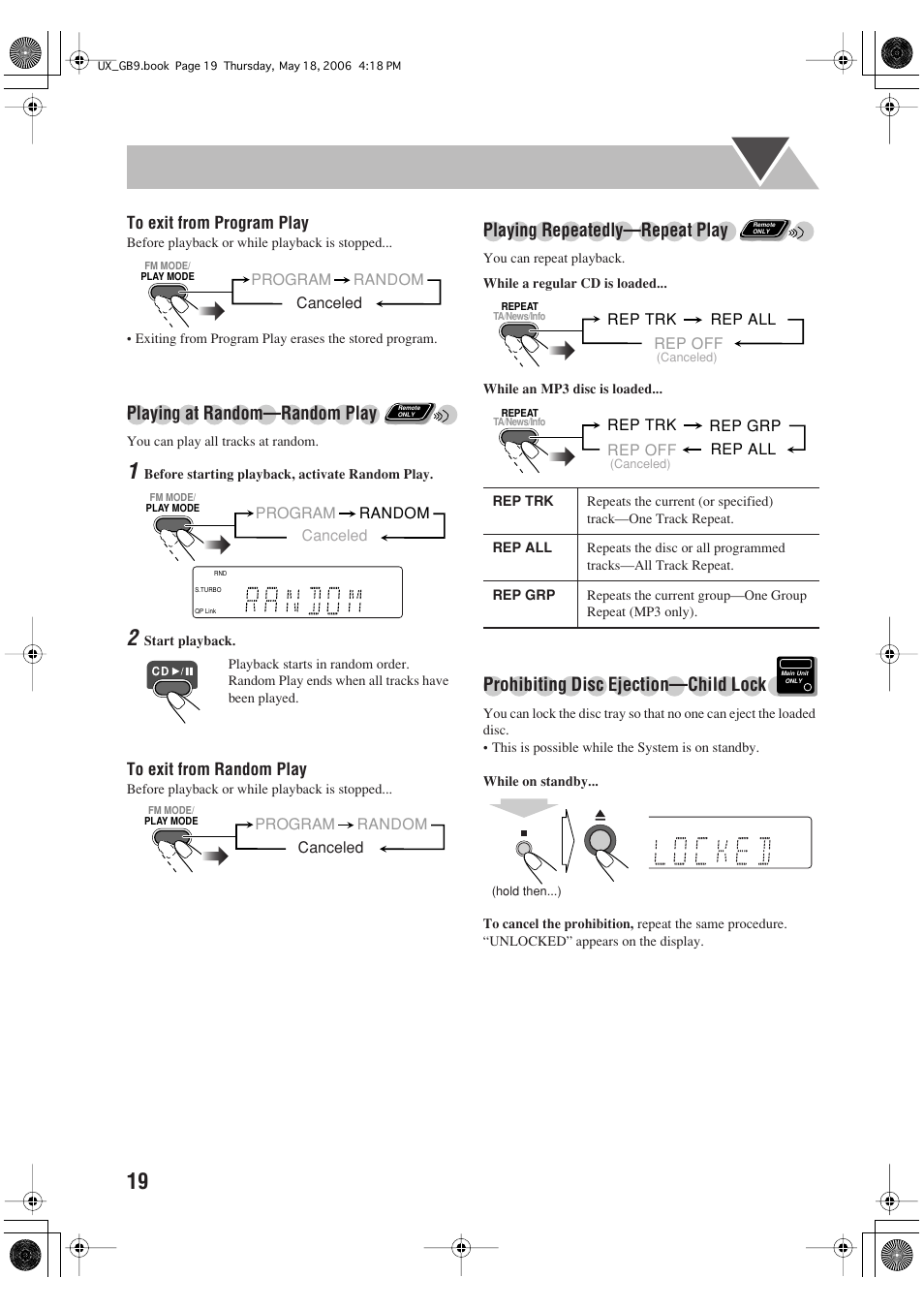 Playing at random—random play, Playing repeatedly—repeat play, Prohibiting disc ejection—child lock | JVC Micro Component System UX-GB9DAB User Manual | Page 22 / 28