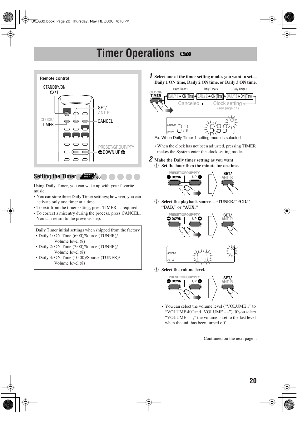 Timer operations, Setting the timer | JVC Micro Component System UX-GB9DAB User Manual | Page 23 / 28