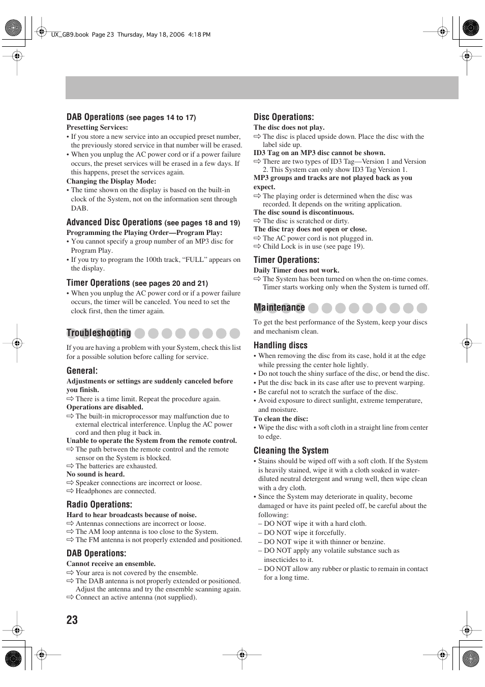 Troubleshooting, Maintenance | JVC Micro Component System UX-GB9DAB User Manual | Page 26 / 28