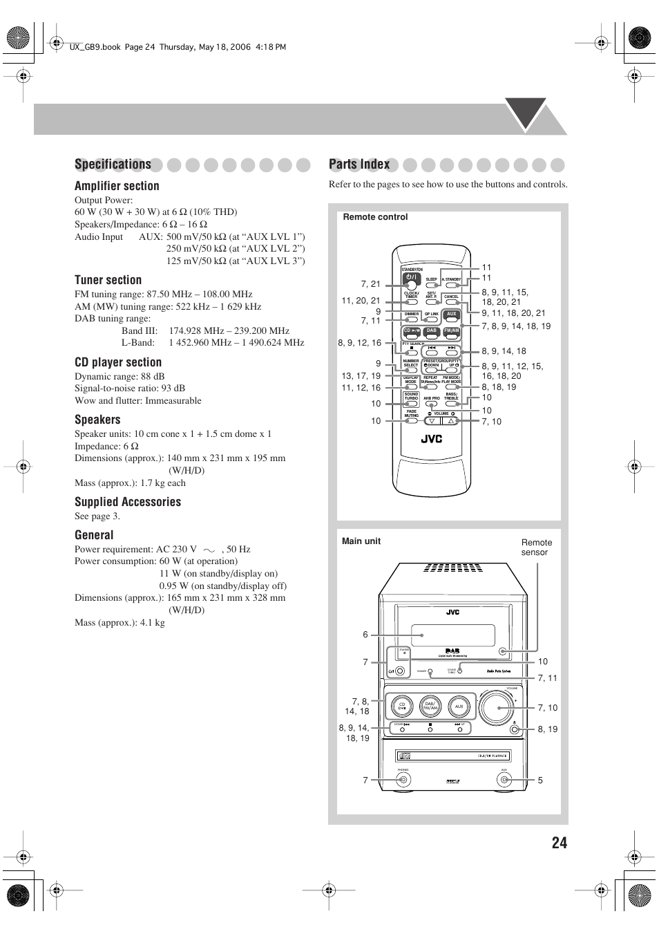 Specifications, Parts index, Speakers | Supplied accessories, General | JVC Micro Component System UX-GB9DAB User Manual | Page 27 / 28