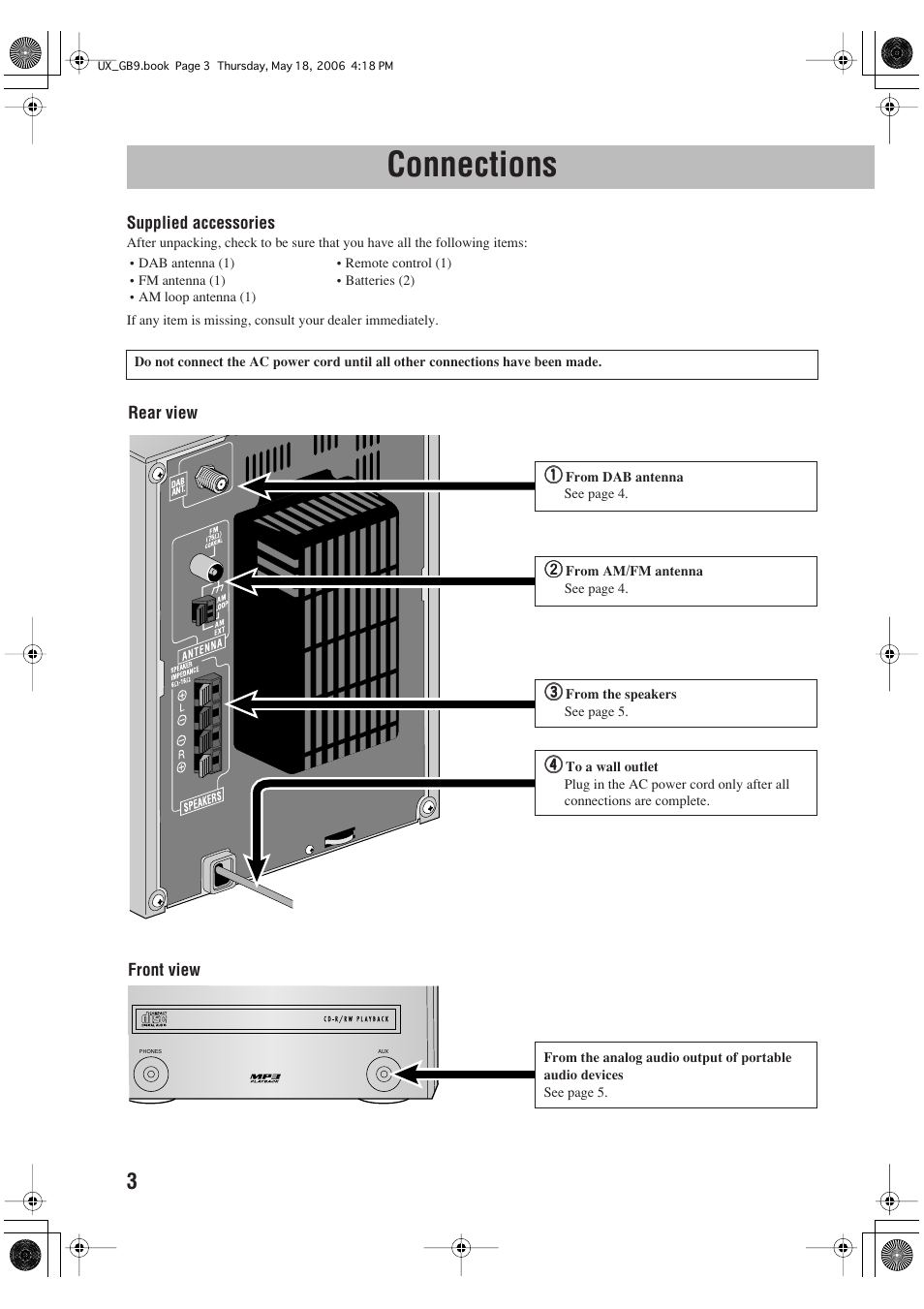 Connections | JVC Micro Component System UX-GB9DAB User Manual | Page 6 / 28