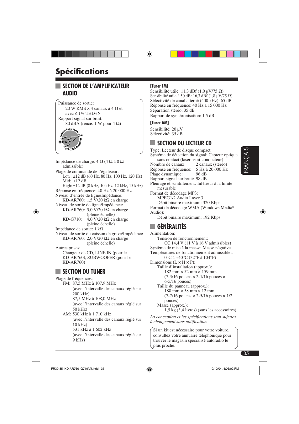 Spécifications, Français, Généralités | JVC KD-AR760 User Manual | Page 103 / 105