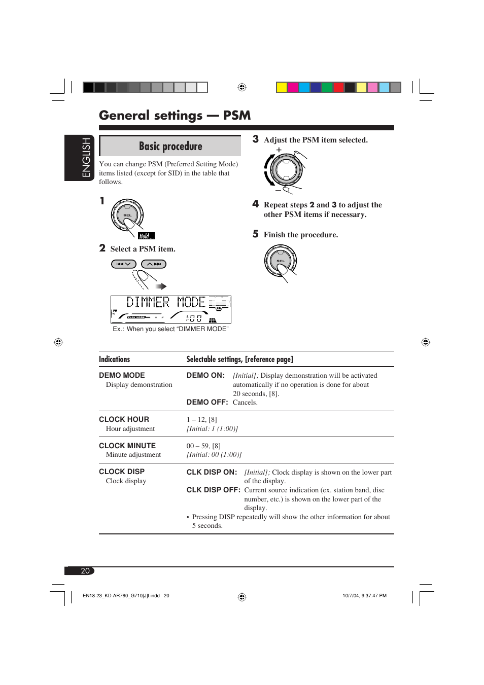 General settings — psm, Basic procedure, English | JVC KD-AR760 User Manual | Page 20 / 105