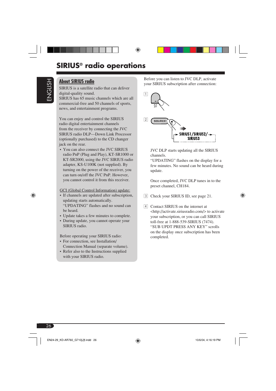 Sirius, Radio operations, English | JVC KD-AR760 User Manual | Page 26 / 105