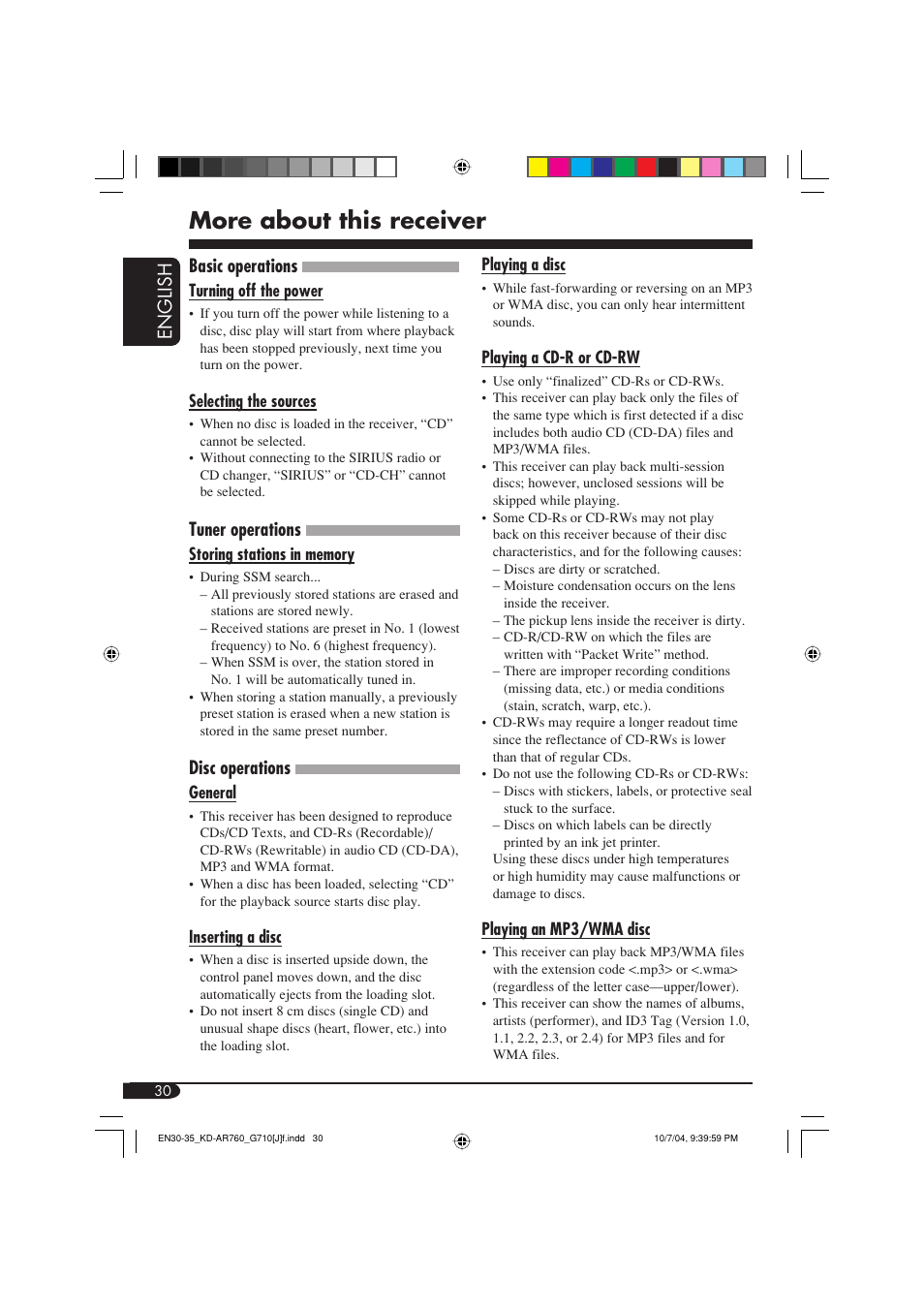 More about this receiver, English, Basic operations | Tuner operations, Disc operations | JVC KD-AR760 User Manual | Page 30 / 105