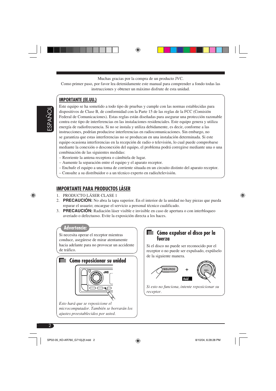 Español cómo expulsar el disco por la fuerza, Cómo reposicionar su unidad | JVC KD-AR760 User Manual | Page 36 / 105