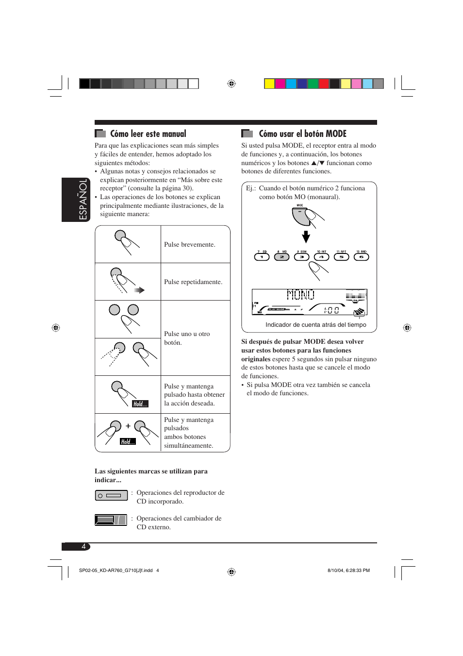 Espa ñ ol cómo leer este manual, Cómo usar el botón mode | JVC KD-AR760 User Manual | Page 38 / 105