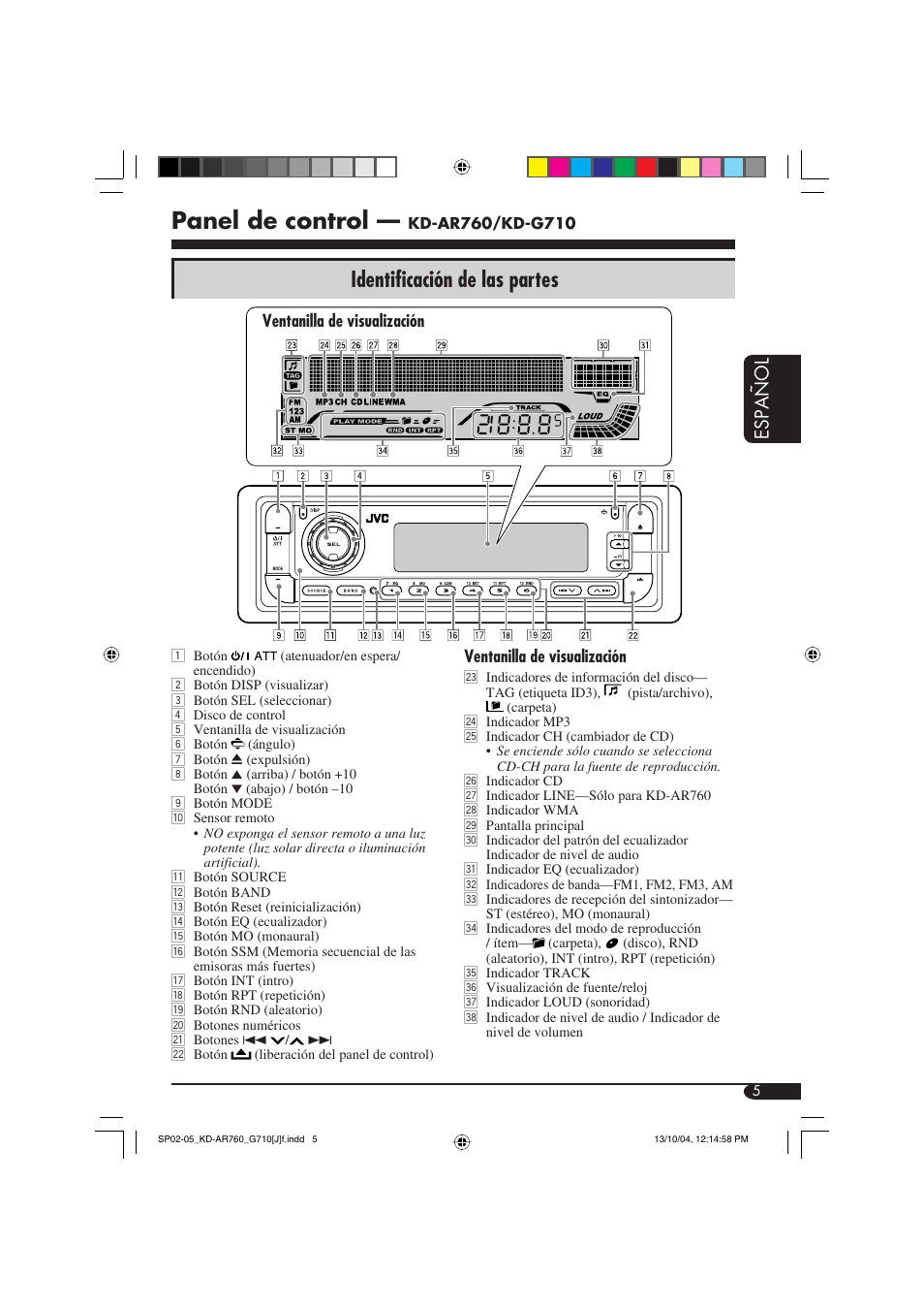 Panel de control, Identificación de las partes, Español | JVC KD-AR760 User Manual | Page 39 / 105