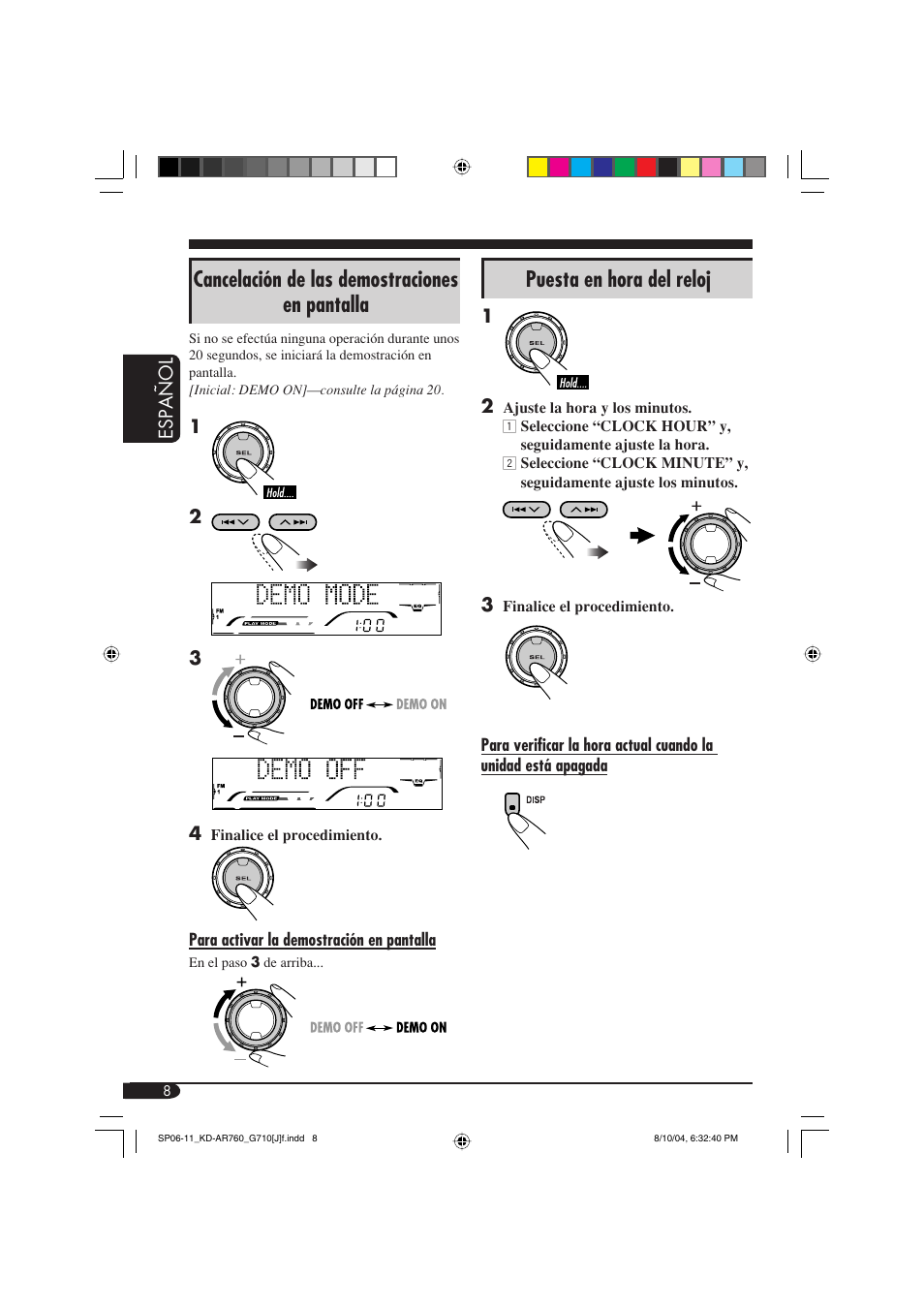 Cancelación de las demostraciones en pantalla, Puesta en hora del reloj | JVC KD-AR760 User Manual | Page 42 / 105