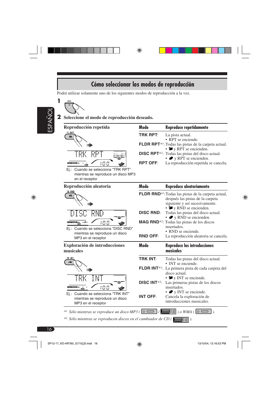 Cómo seleccionar los modos de reproducción, Español | JVC KD-AR760 User Manual | Page 50 / 105