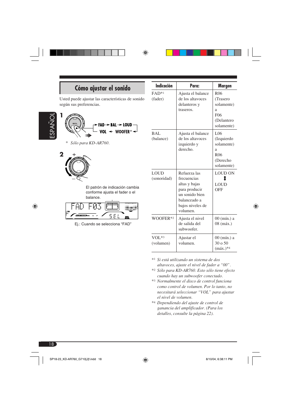 Cómo ajustar el sonido, Español | JVC KD-AR760 User Manual | Page 52 / 105