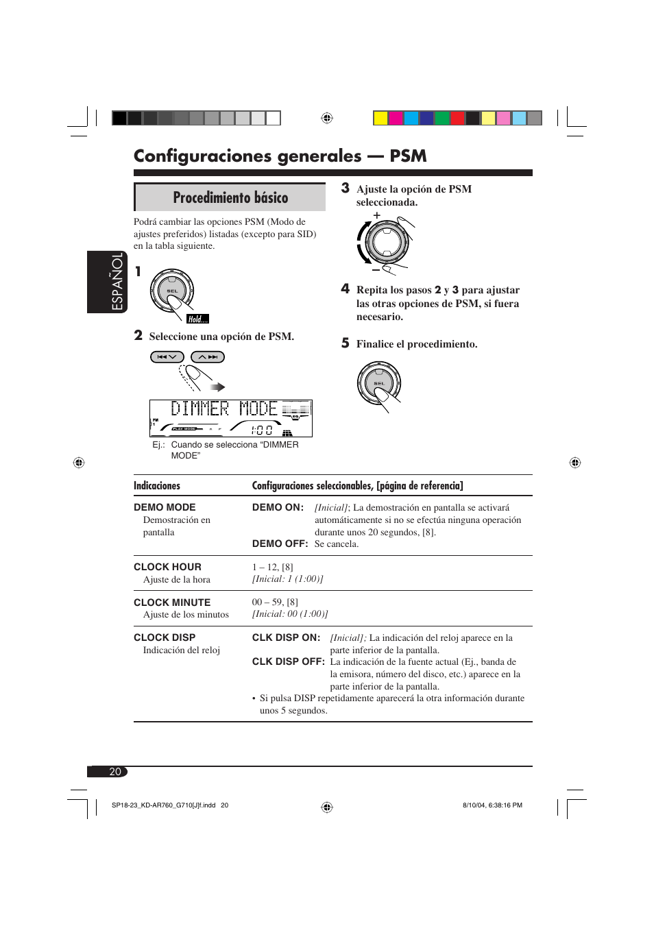 Configuraciones generales — psm, Procedimiento básico, Espa ñ ol | JVC KD-AR760 User Manual | Page 54 / 105