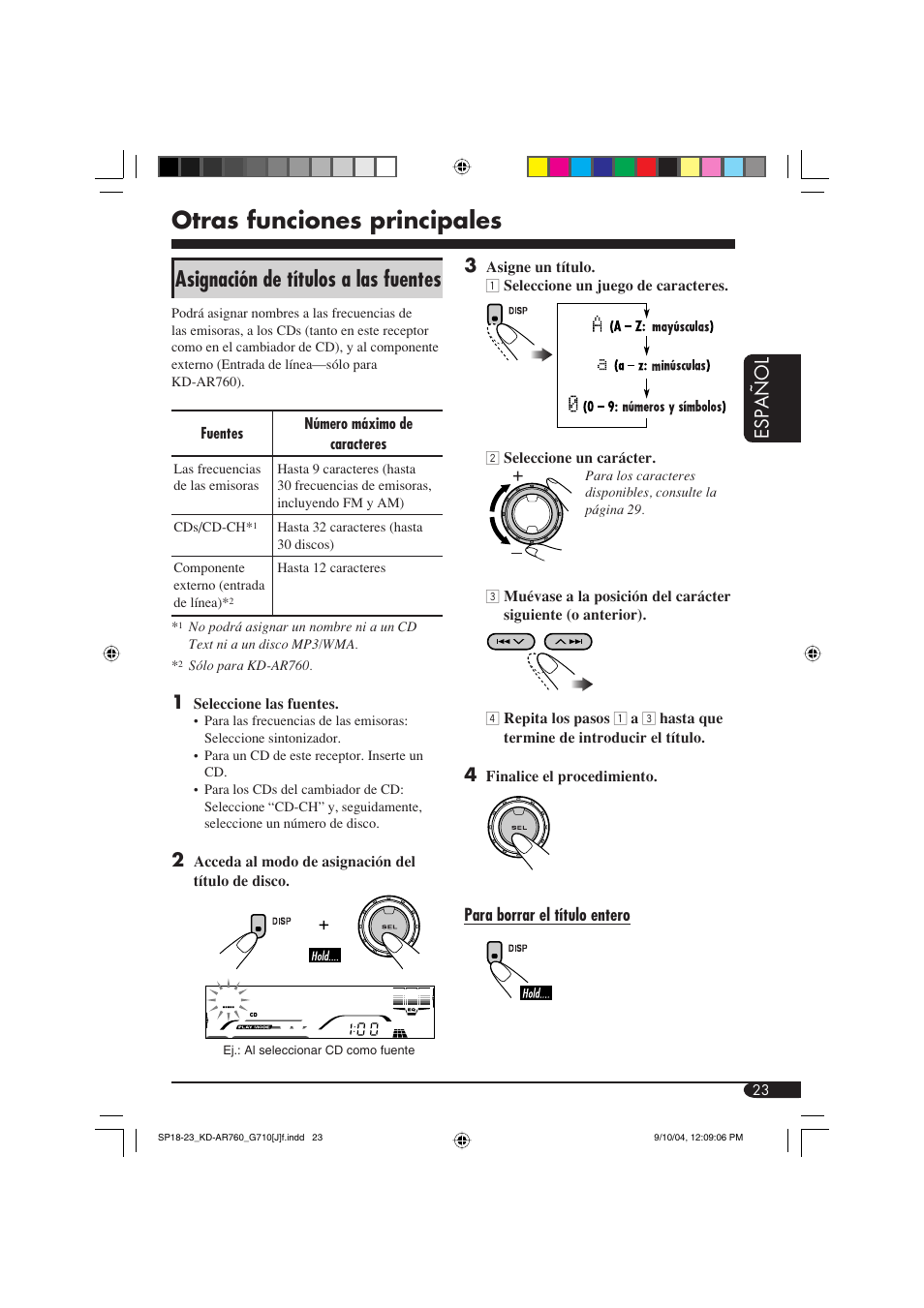 Otras funciones principales, Asignación de títulos a las fuentes, Español | JVC KD-AR760 User Manual | Page 57 / 105